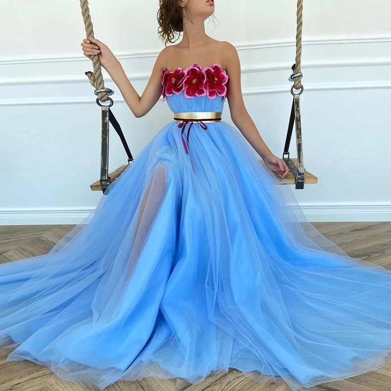 

Eightale Blue Prom Dress 2020 Strapless Flowers A-Line Side Split Long Graduation Dress for Evening Tulle vestidos de gala