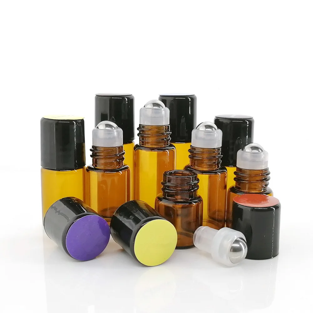 DoTERRA-botellas vacías de acero inoxidable para aceites esenciales, botes Roll On de vidrio ámbar de 1ml, 2ml y 3ml, con bola de rodillo, brillo de