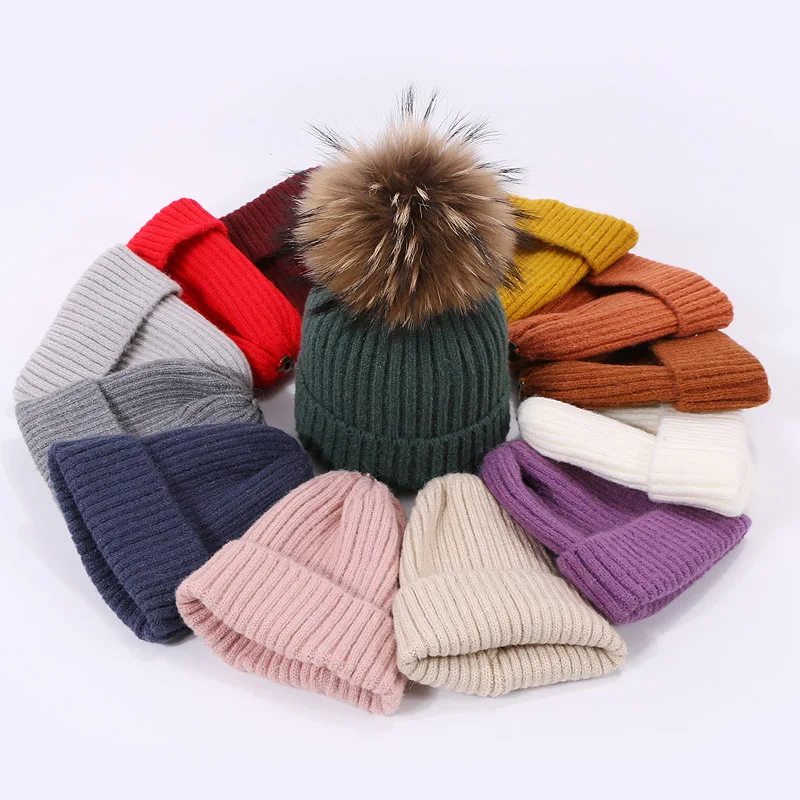 Winter Pompom Hat for Kids Ages 1-7 Knit Beanie Winter Baby Hat for Children Real Natural Fur Pom Pom Hats for Girls and Boys