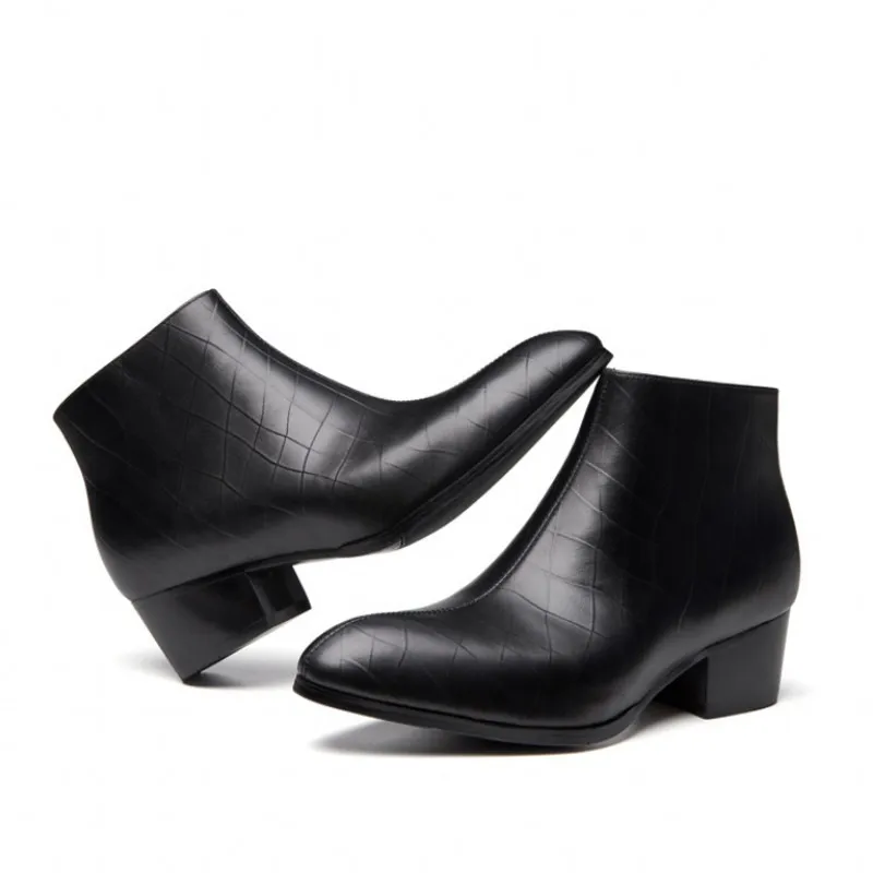 

Autumn Winter Pointed Toe Genuine Leather Boots Men Fashion Side Zipper Formal High Heels Ankle Boots Footwear Male Black/White