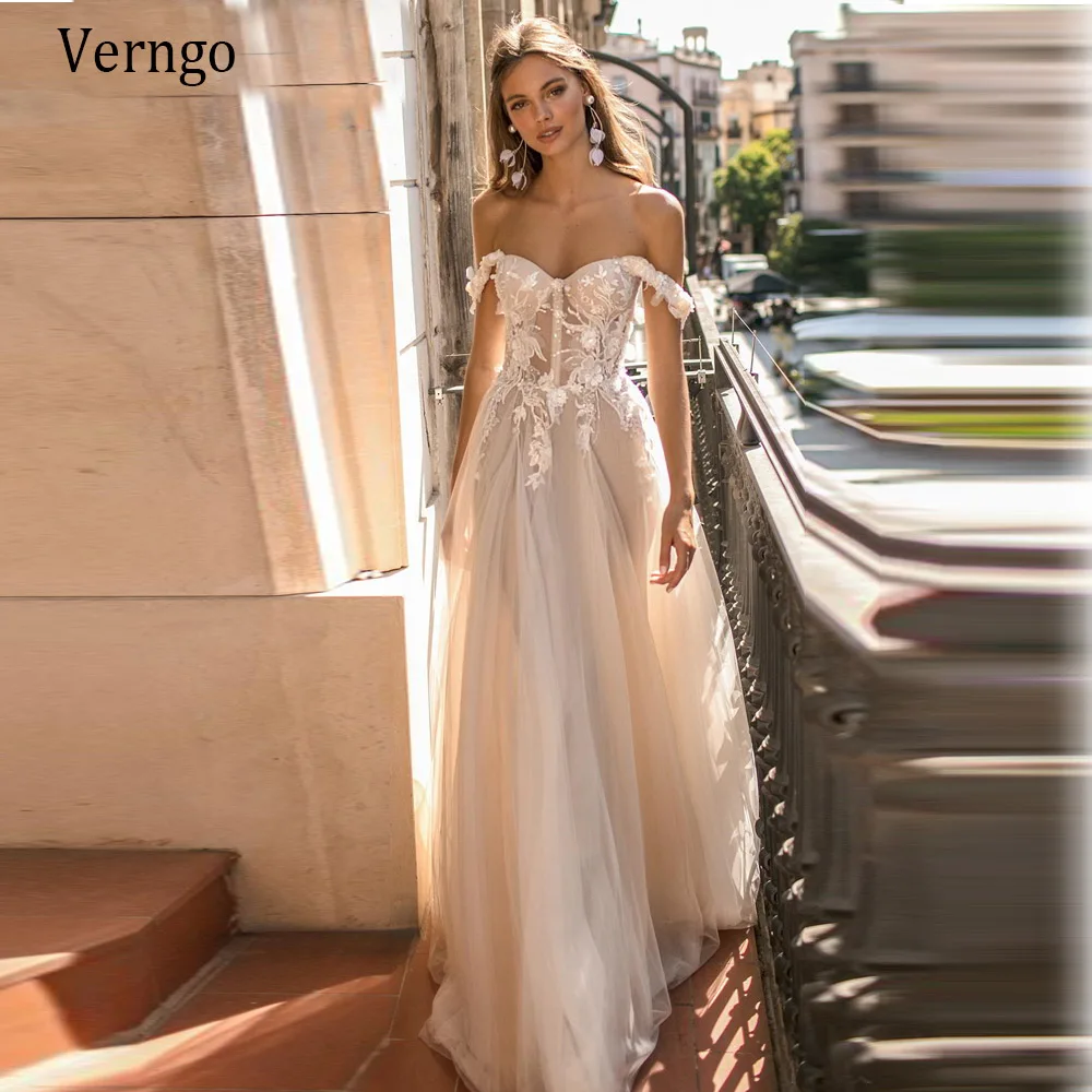 Verngo Off the Shoulder Beach Boho Wedding Dress Rustic A Line Elegant Bridal Gown Lace Applique Tulle Sweetheart Bride Dress