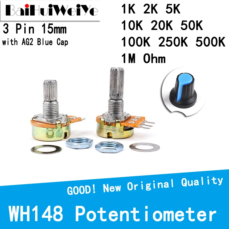 5 Stuks Wh148 1K 2K 5K 10K 20K 100K 500K Ohm 15Mm 3pin Lineaire Taper Roterende Potentiometer Weerstand Voor Arduino Met Ag2 Blauwe Dop