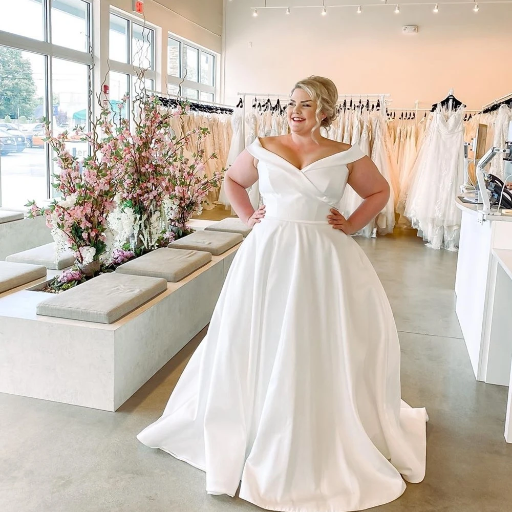 Vestido de novia de satén con hombros descubiertos para mujer, de talla grande vestido de novia, largo hasta el suelo, sencillo, barato, hecho a medida