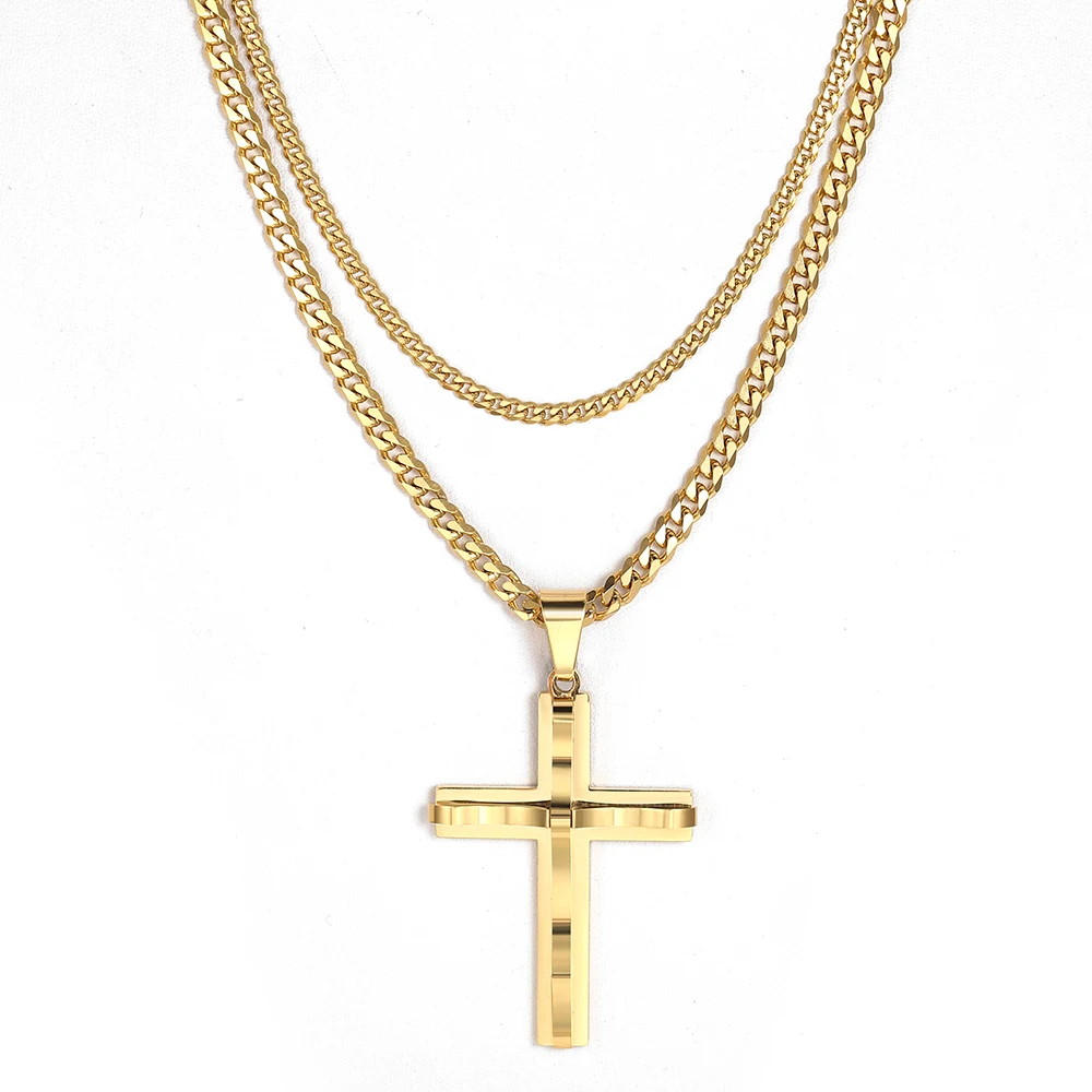 2Pcs Cross Pendant Necklace with Stainless Steel Curb Cuban Link Chain for Men Women Punk 2020 Fashion Jewelry