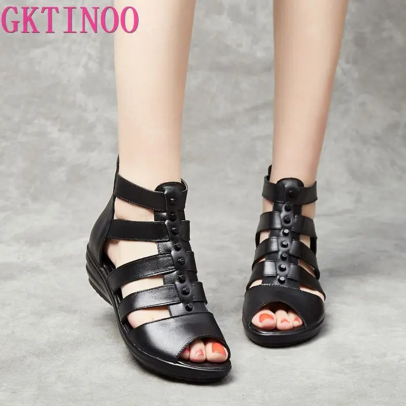 GKTINOO Plus Size 35-43 Genuine Leather Gladiator Sandals Women 2024 Summer Shoes Zipper Peep Toe Elegant Black Ladies Sandals