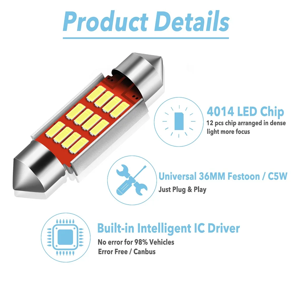 2PCS C5W LED CANBUS Festoon 36mm Error Free 4014 SMD LED Reading Doom Lamp for Audi A4 B6 B8 A3 Q7 TT 8n BMW E90 E60 E46 X5 E53