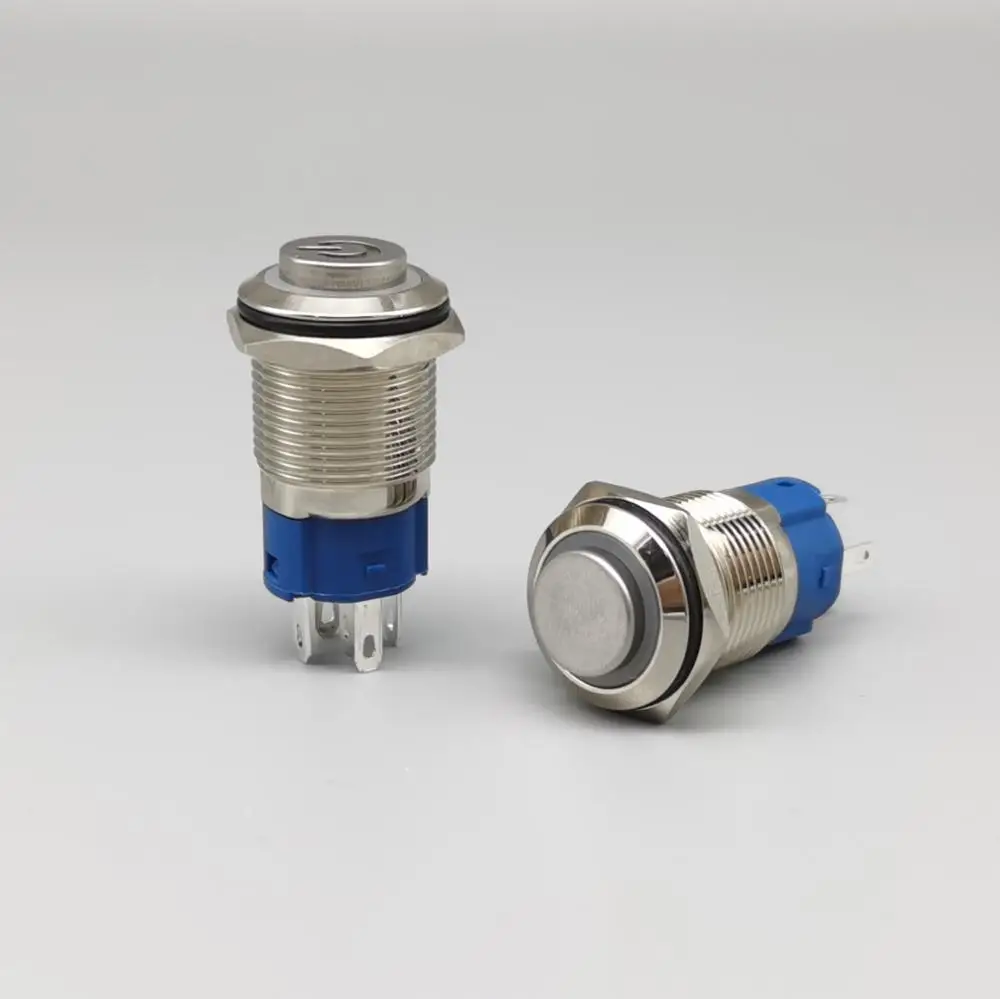 16mm Metal Push Button Switch High Head Ring Lamp Power Symbol Button Waterproof  LED Light Self-Lock Self-Reset Button 1NO1NC