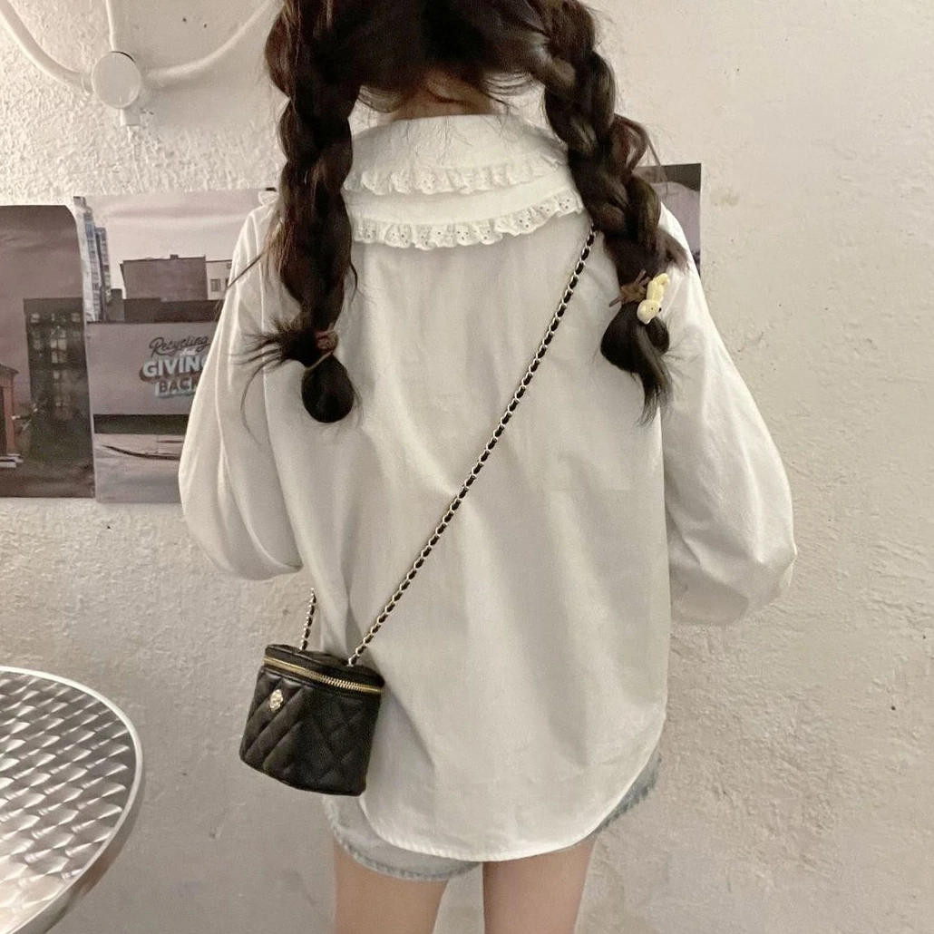 Shirts Women Lolita Japanese Style Inside Kawaii Full Sleeve Solid Street Wear All-match Vintage Peter Pan Collar Design Chic