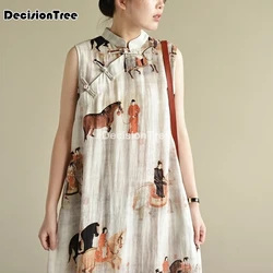 Robe chinoise longue en lin sans manches pour femme, qipao traditionnel, cheongsam, 2023