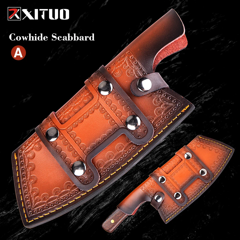 Square Head Handmade Knife Cowhide Scabbard Professional Kitchen Knife Cover Protective Knife Cover Outdoor Portable Scabbard