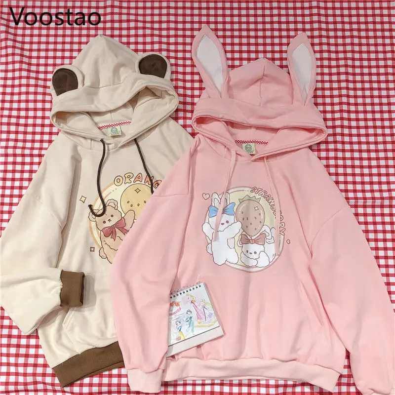 

Japanese Style Sweet Kawaii Hoodies Women Cartoon Print Cute Loose Rabbit And Bear Ears Hooded Hoodie Girls Harajuku Sweatshirt