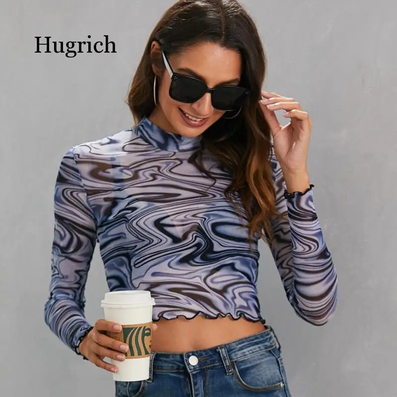 Autumn and Winter 2021 Fashion Printed Half High Collar Long Sleeve Slim and Navel Revealing T-Shirt for Women