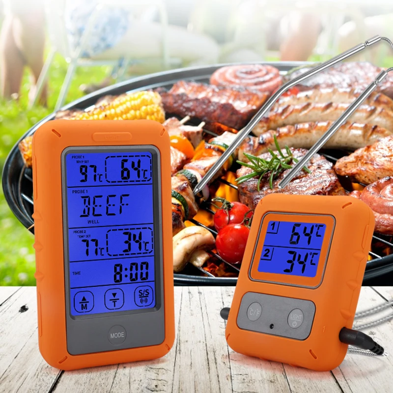 Wireless Waterproof Food Thermometer For Kitchen Smoker Grill Oven Meat Timer Alarm Touch Screen Barbecue Temperature Meter 100M