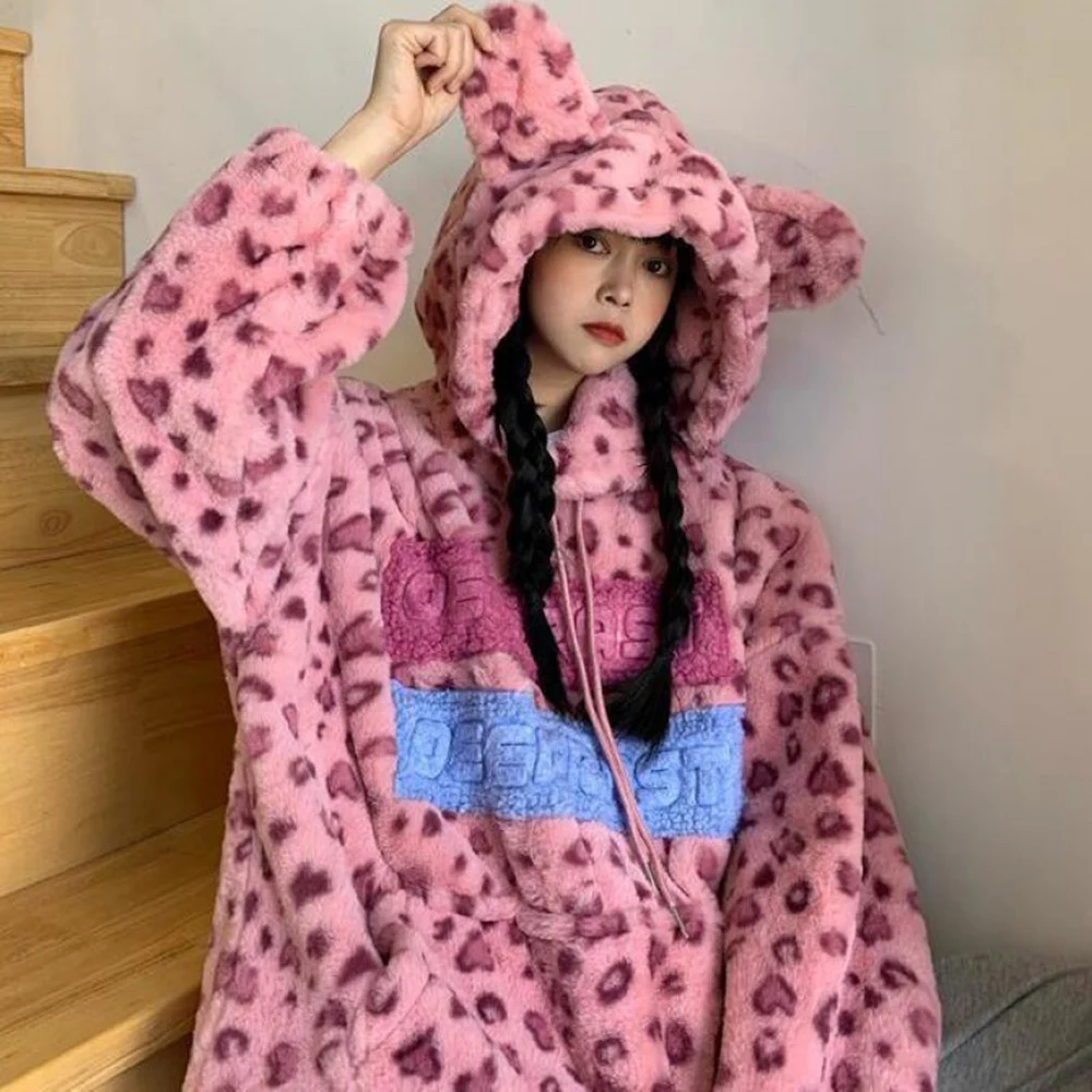 Women Autumn Winter Pink Lovely Lamb Plush Leopard Animal Ear Pullover Female Loose Korean d Sweatshirt Hoodie