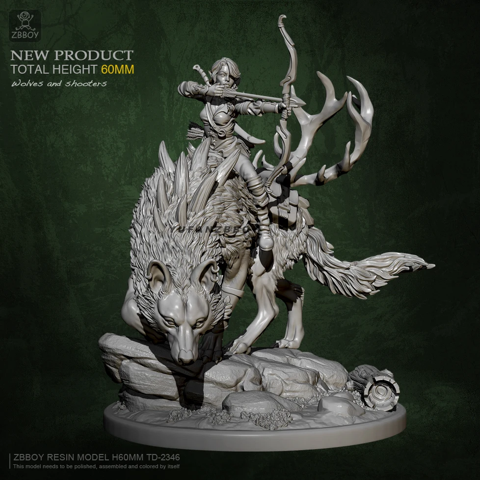 60mm Resin model Kits Riding Wolf Huntress self-assembled TD-2346