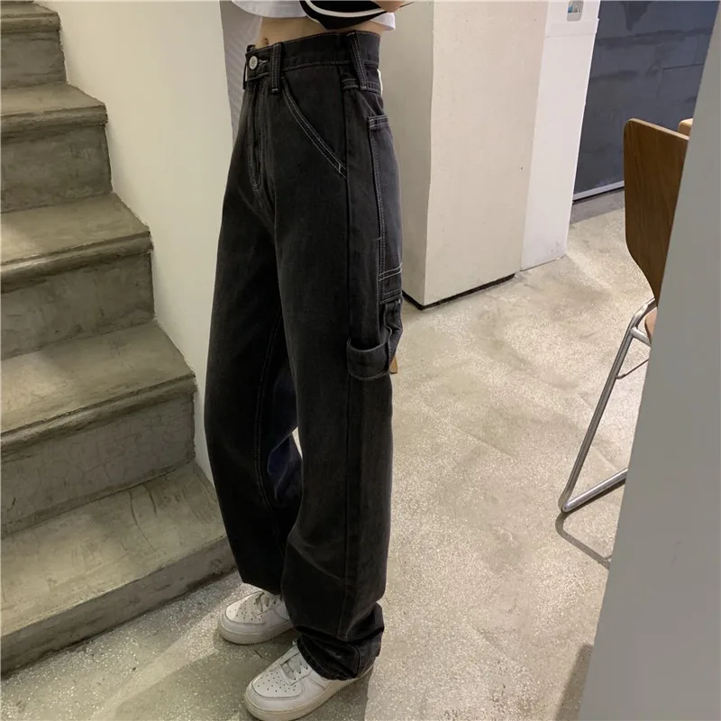 

Autumn Women Jeans High Waist Streetwear Fashion Straight Wide Leg Korean Chic Pockets Zip Button Female Fashion Denim Trousers