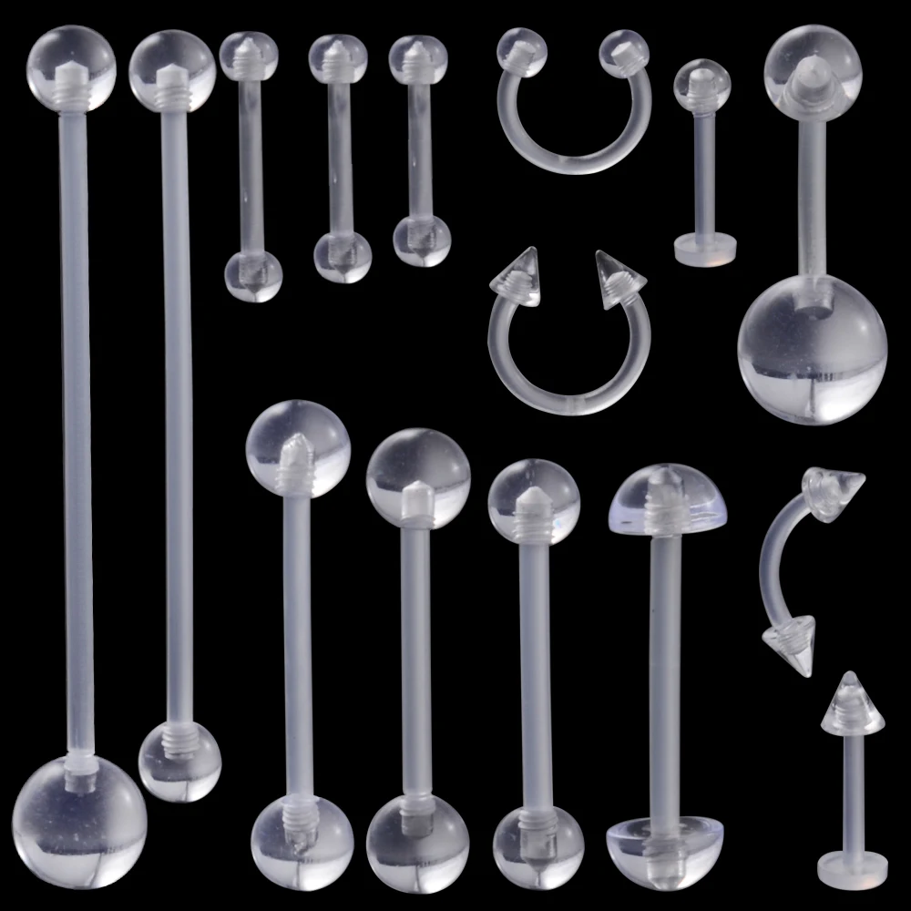 Clear Piercing Plastic Industrial Mixed Retainer Belly Ring Earrings Lobe Lip Ring Horseshoe Tongue Barbell Nipple Daith Earring