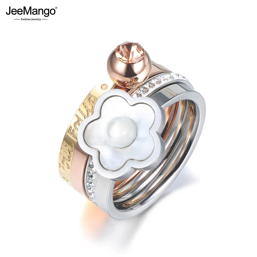 JeeMango Classic Stainless Steel Fine Ring Jewelry Plum Blossom Shell & Cubic Zirconia Bridal Wedding Engagement Rings JR18011