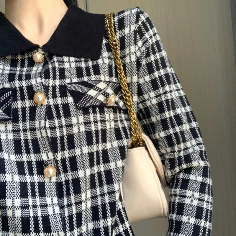 

Ladies Office Short Knitwear Top Plaid Single Breasted Cardigan Women Long Sleeve Sweater Fashion Vintage Slim Fit Knitted Coats