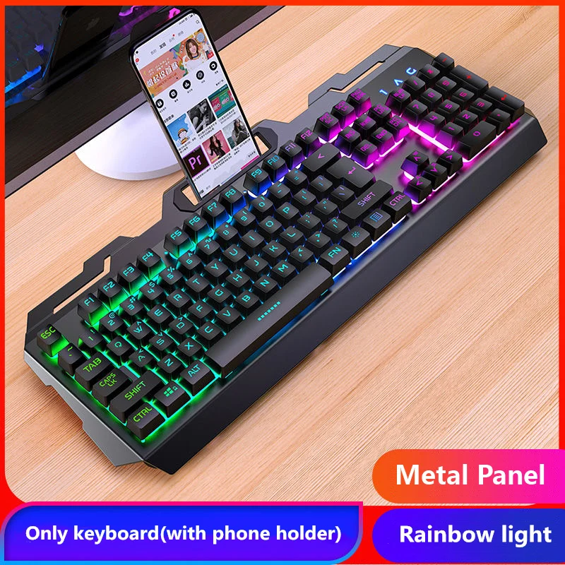 

High Quality Metal Gamer Keyboard with phone holder Gaming 104 Keys Mechanical Feeling RGB Wired for PC Laptop Computer Office