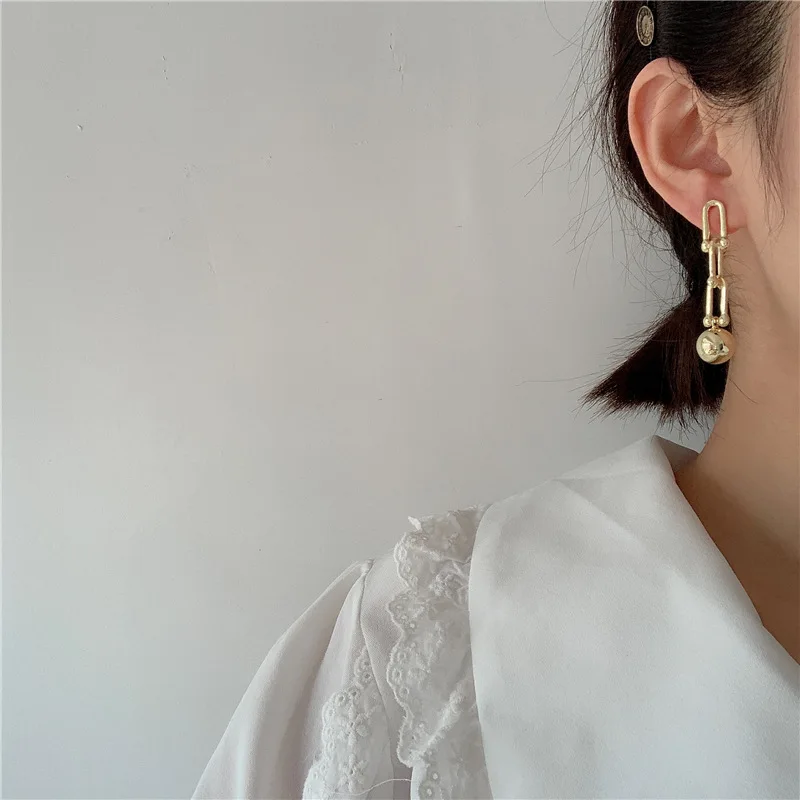 Vintage U Chains Stud Earrings for Women Punk Jewelry Gothic Metal Ball Earring Femme Brincos Hiphop Earrings Fashion Bijoux