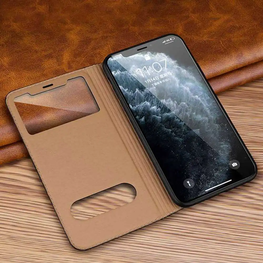 Genuine Leather Case For Iphone 12 13 14 Pro Case For 12Pro Max Cover Window View Coque For Iphone 12 13 Mini 14Plus Fundas