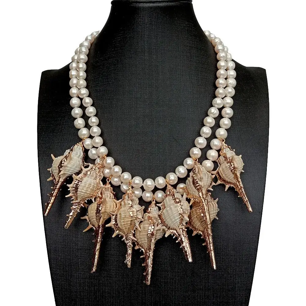 

Y.YING 2 Strands Freshwater Cultured White Pearl Sea Shell Statement Necklace 18"