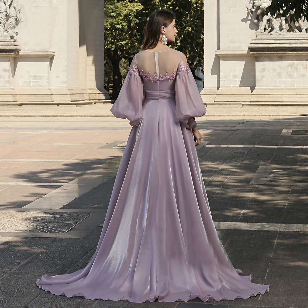 Elegant Pink Soft Satin O Neck Long Evening Dress With Puffy Sleeves A Line Lace Prom Party Gown Robe De Soiree vestidos