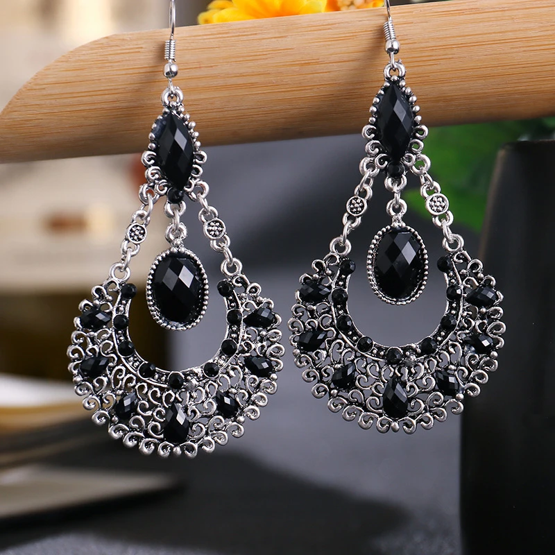 Ethnic Boho Women Drop Dangle Earrings Geometric Carved Hollow Bead Crystal Antique Silver Gold Color Bohemian Wedding Earrings