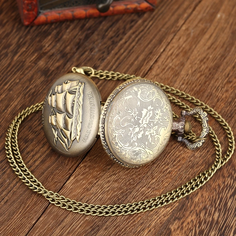 Retro Bronze Sailing Canvas Boat Ship Quartz Pocket Watch Necklace FOB Clock Pendant Vintage Pocket Watches Chain Women Men Gift