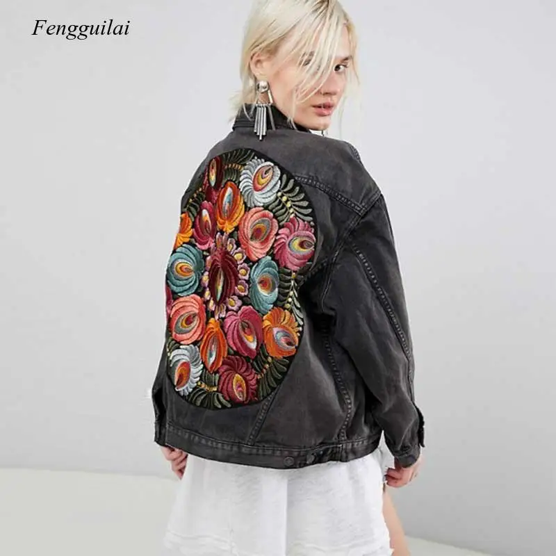 

Floral Embroidery Denim Jacket Women Cowboy Long Sleeve Turn Down Collar Casual Denim Coat Streetwear Outwear