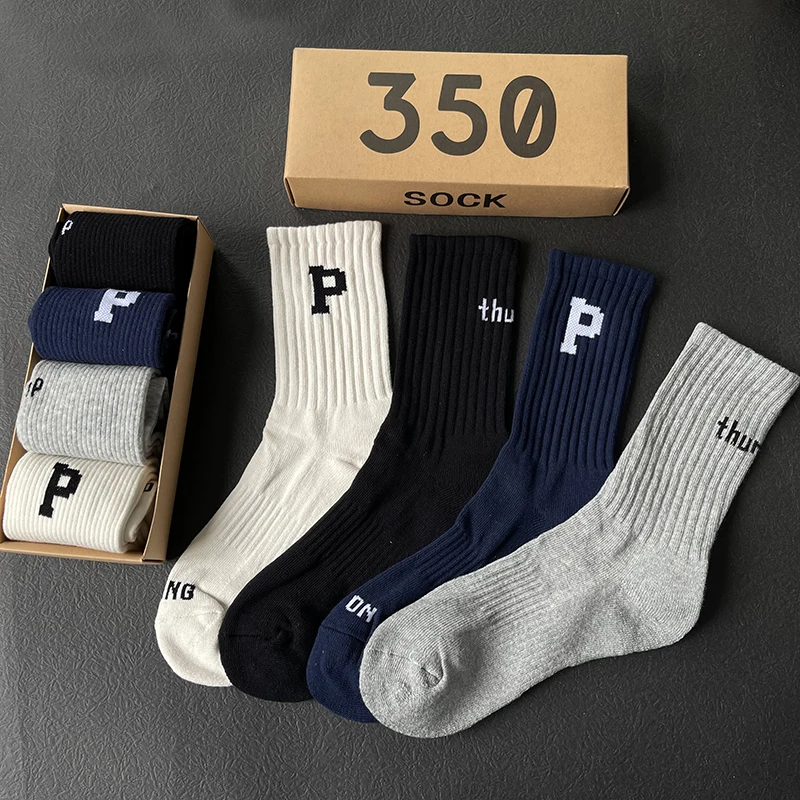 

Letter "P" Socks ins Tide Men Women personality Crew Solid color Black white cotton street Korean Sports SOCKS 4 Pairs /box