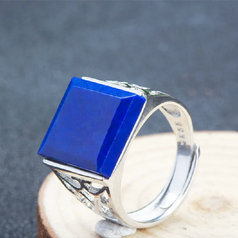 

Genuine Natural Lapis Lazuli Square Ring For Men And Women S925 Silver Inlaid Lapis Lazuli Jade Ring Classic Bare Stone Ring