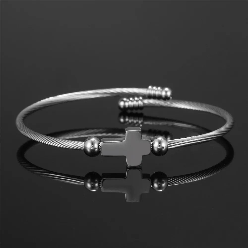 Elegante braccialetto a croce per donna uomo bracciale rigido in acciaio inossidabile lucido Unisex fede religiosa gioielli con croce aperta