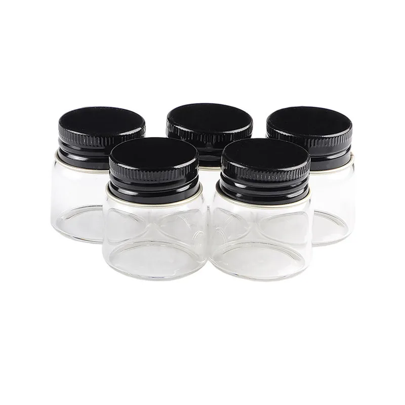 50pcs 37x40mm Screw Mouth Glass Bottles With Black Aluminum Cap DIY 20ml Clear Transparent Empty Glass Containers Jars Vials