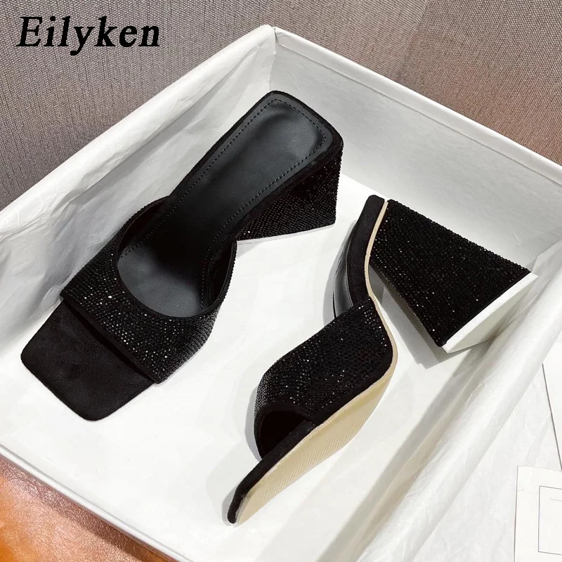 Eilyken Summer Square Toe Women Slippers Designer Crystal Rhinestone Triangle High Heels Party Dance Slides Shoes