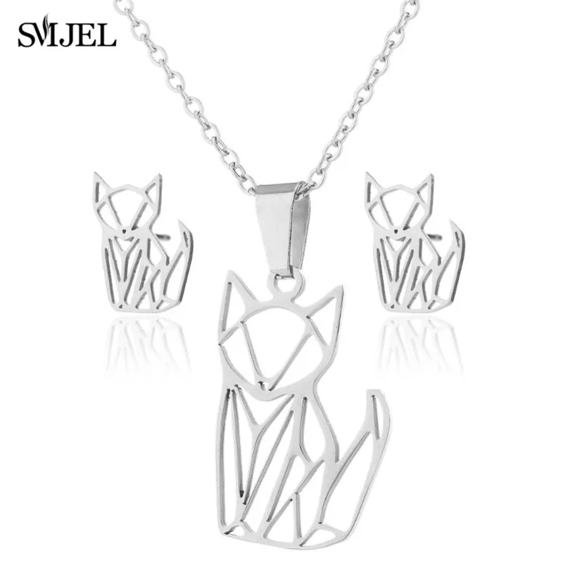 SMJEL Stainless Steel Women's Necklace Origami Love Cat Dog Leaf Geometric Earrings Necklaces Statement Jewelry Sets Girls Gift