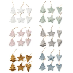 Christmas Gold Velvet Cloth Pendants 6 Pcs Love Heart Star Xmas Tree Shaped for Xmas Tree Home Festival Party Decoration