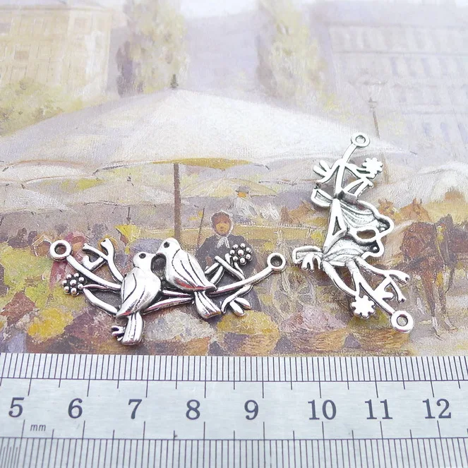 10PCS/Lot 21mm*49mm Antique Silver Color Branch Double Bird Charms Pendants For Jewelry Making DIY Handmade Craft