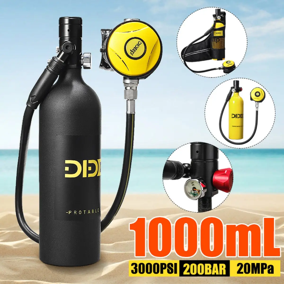 

DIDEEP 1L Scuba Diving Cylinder Mini Oxygen Tank Set Respirator Air Tank for Snorkeling Breath Diving Equipment Black X4000 Pro