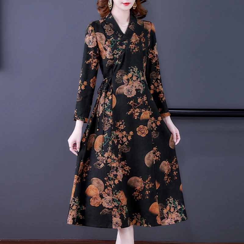 

Женское трикотажное Хлопковое платье средней длины, Элегантное повседневное облегающее платье с длинным рукавом и цветочным принтом в Корейском стиле, весна-осень 2024