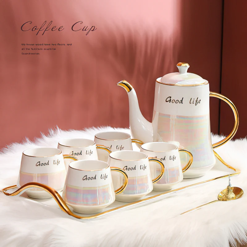 Cearmics Coffee Tea Set Nordic Phnom Penh Colorful 1pot 6cups Water Ware Bar Decoration Household Kitchen Supplies Drinkware