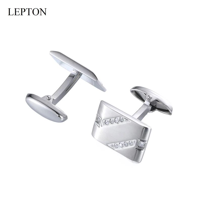 

LEPTON Matte Stainless Steel Cufflinks Square Zircon Cufflink for Mens Wedding Business Gifts Cuffl Links Relojes Gemelos