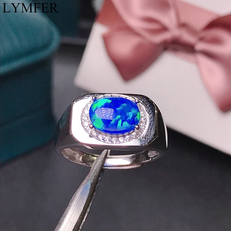 خاتم رجالي أسترالي طبيعي من العقيق لون النار الأزرق أوبال 925 لون فضي جميل #3