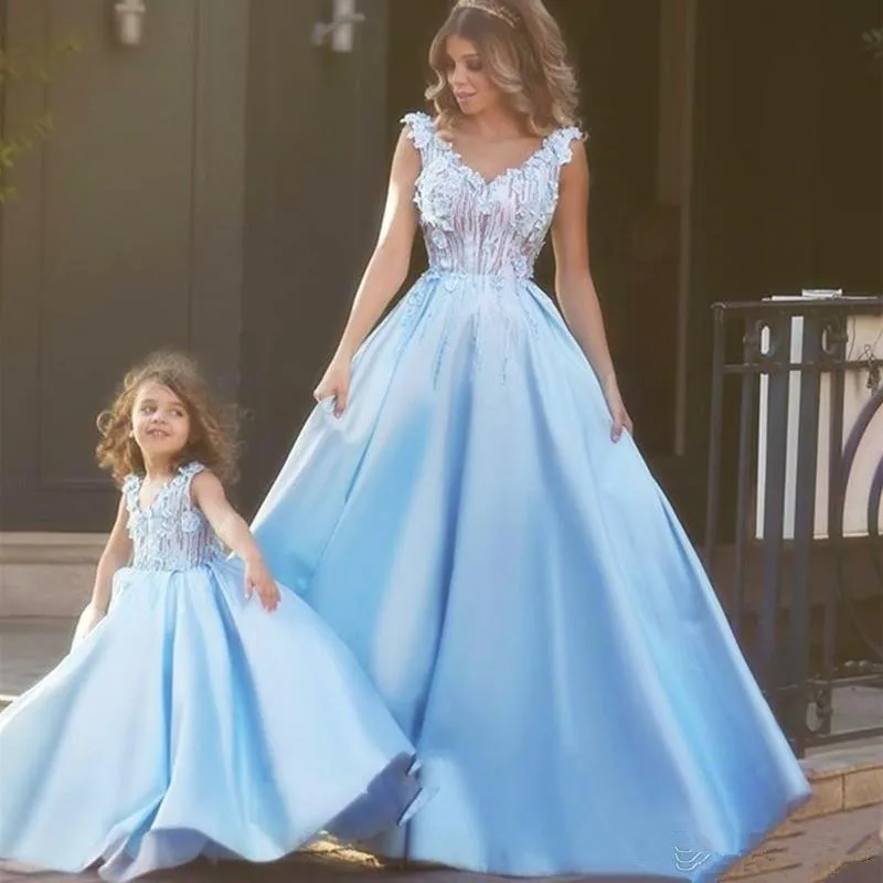 Novo vestido da menina de flor mãe e filha vestidos de harmonização vestido de baile apliques vestidos pageant para meninas meninas vestido daminha