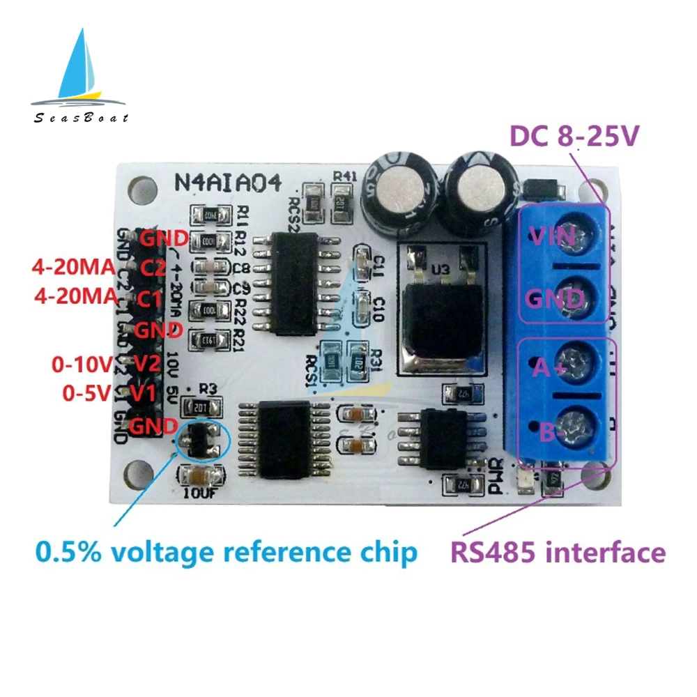 8-25v 4-20ma/0-20ma/0-5v/0-10v 4ch電圧アナログ取得rs485 Modbus rtu adcモジュール4チャンネル現在のコレクション