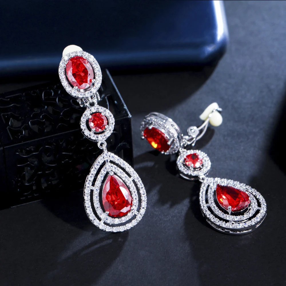 ThreeGraces Elegant Red CZ Crystal Long Water Drop No Pierced Hole Ear Clip On Earrings for Women Wedding Party Jewelry EJ0100