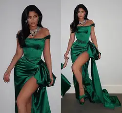 Emerald Green Mermaid Prom Formal Dresses 2022 Sexy Side Silt Off Shoulder Peplum Plus Size Evening Red Carpet Celebrity Dress