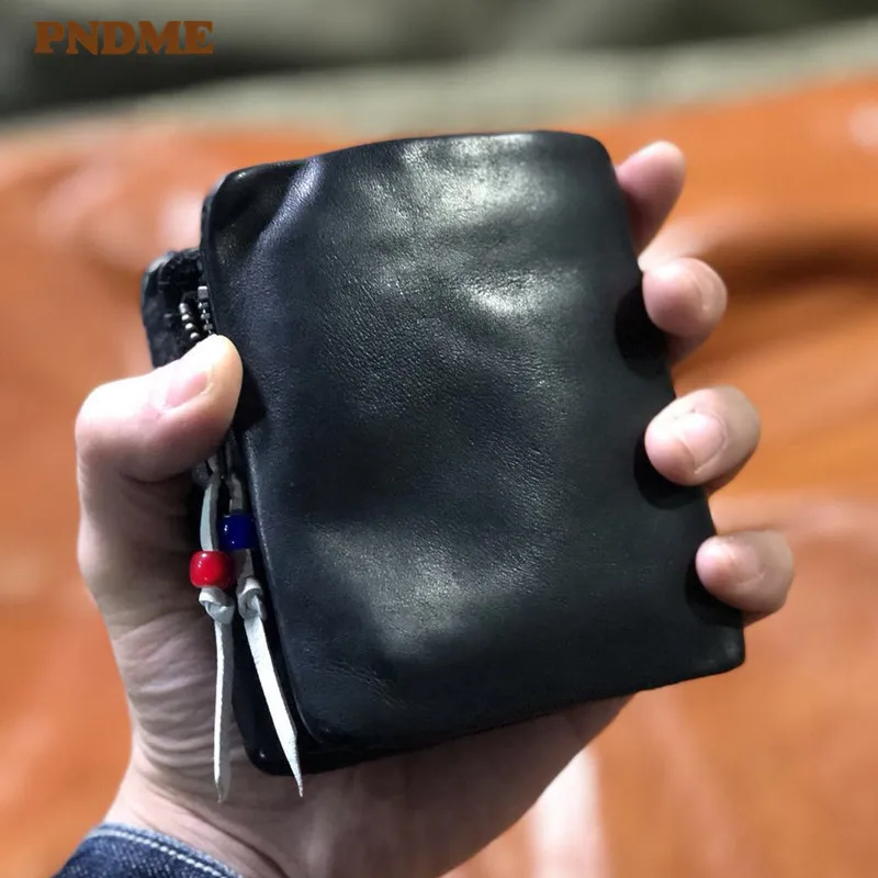 PNDME simple luxury genuine leather men\'s black short wallet casual natural soft real cowhide daily card holder coin purse