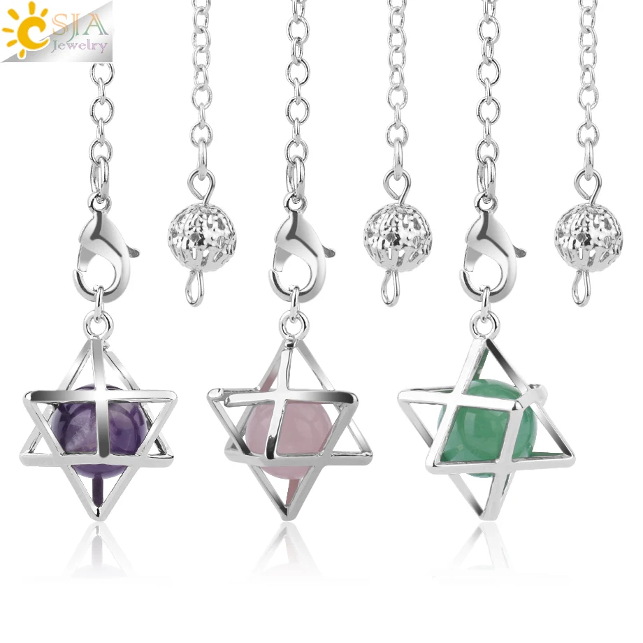 CSJA Reiki Natural Stone Merkaba Pendulum for Wicca Drowsing Hexagram Pendule Round Crystal Quartz Beads Pendants Jewellery F975